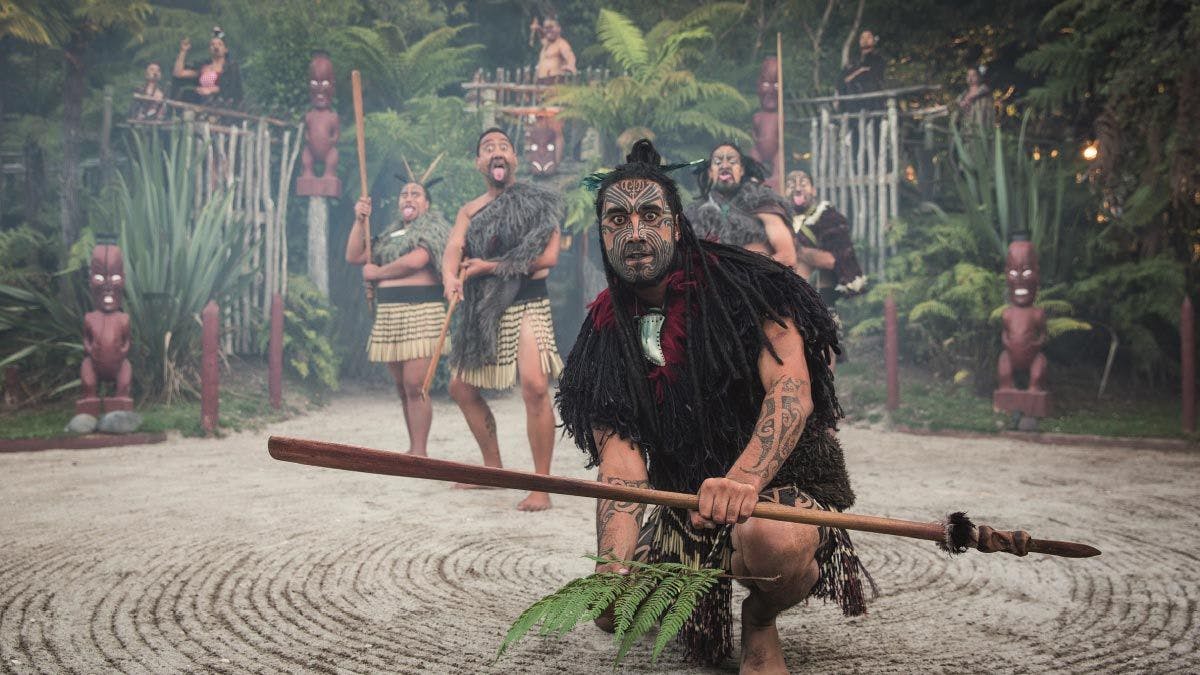 Traditional greeting at Te Pa Tu Maori Village