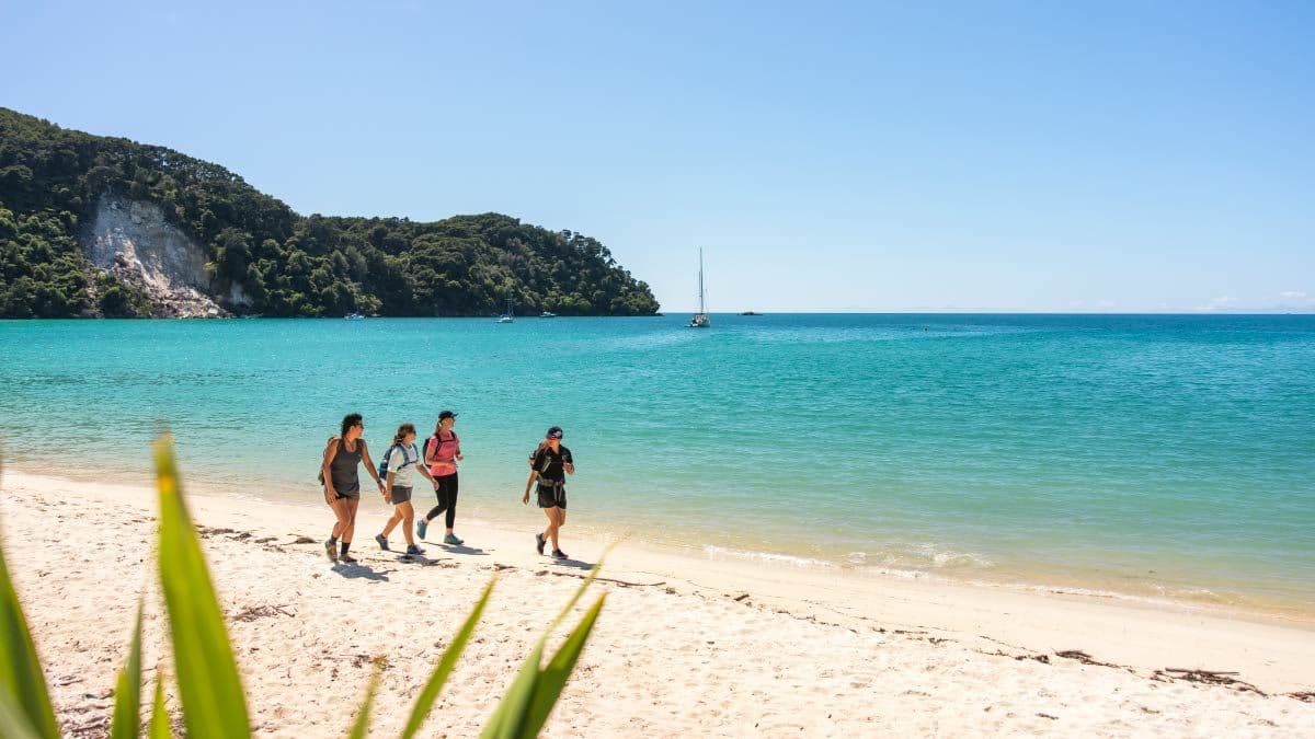 Group walking on a beach in Abel Tasman National Park