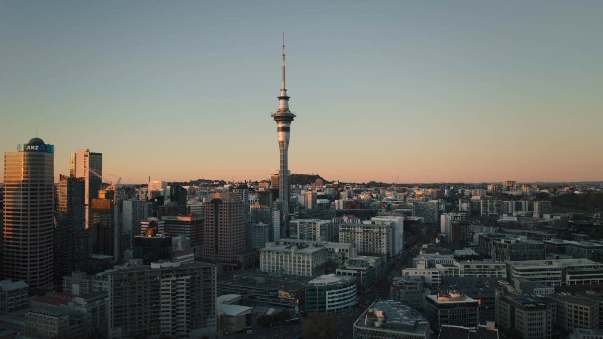 Auckland city skyline at sunset