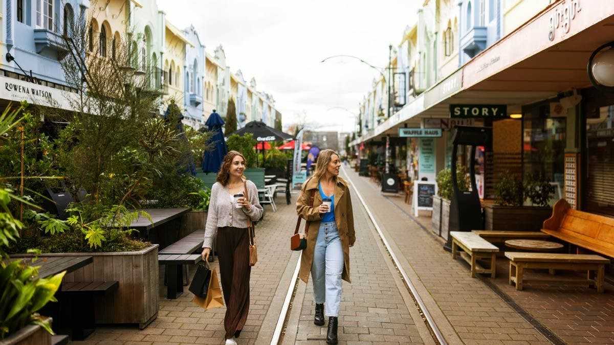 Two women walking through Christchurch