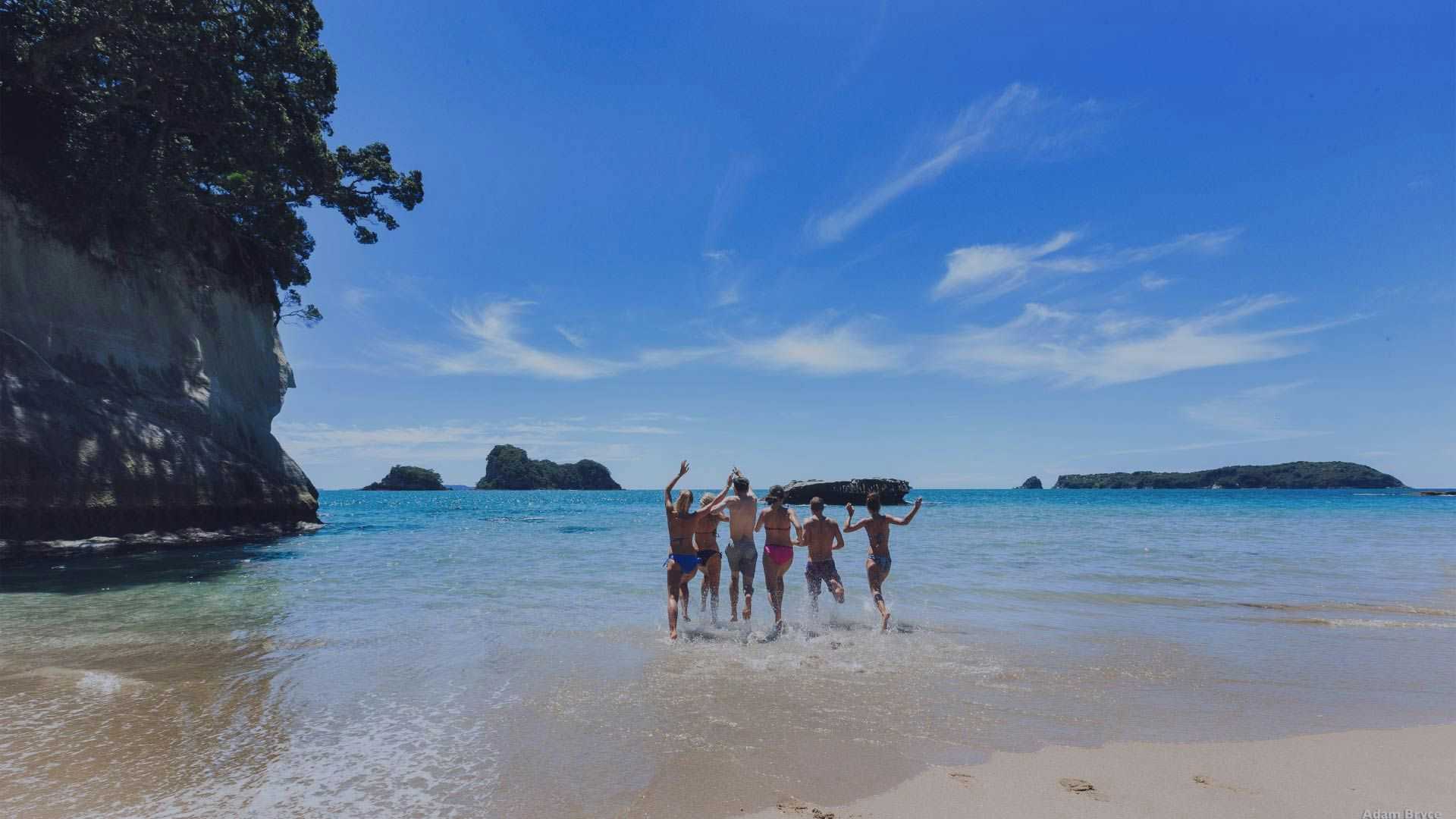 Group of people running into the ocean for a swim in New Zealand
