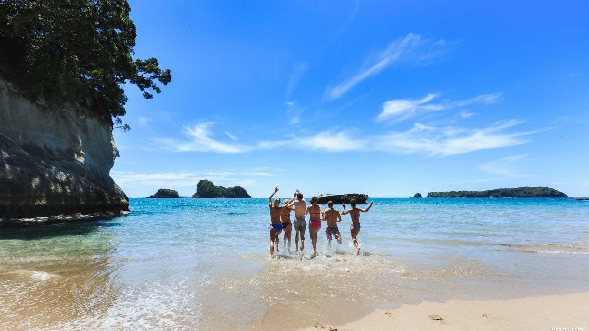 Group of people run into the water at Cathedral Cove