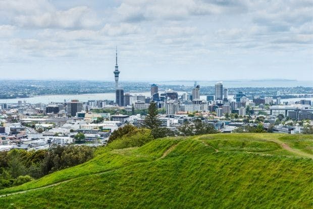 View of Sky Tower from the top of Mount Eden in Auckland